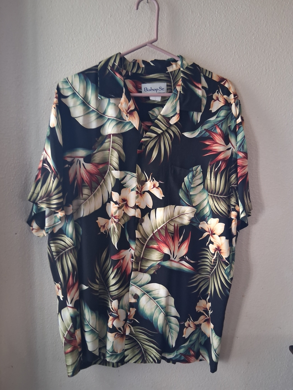 Vintage Mens  sz Large Black Tropical Print Short-Sleeve Shirt Coastal Preppy